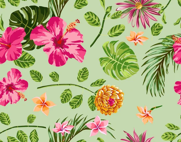Tropische Bloemen Patroon Hibiscus Met Palm Blad Groene Achtergrond — Stockfoto