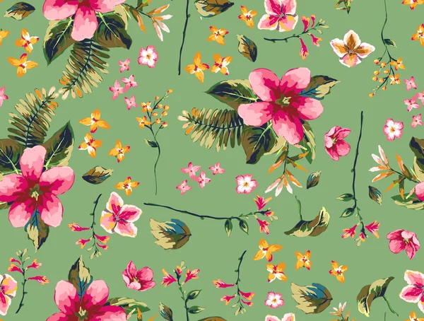 Tropische Blumen Mit Ästen Muster Grün — Stockfoto