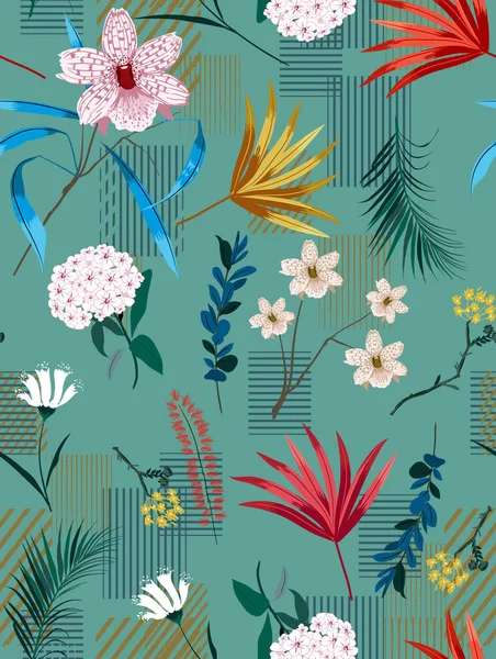 tropical forest and blooming florals mix with trendy small seamless pattern in for fashion fabric 