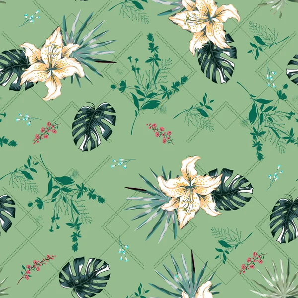 Tropical lily flowers and gray palm leaves, beige green background