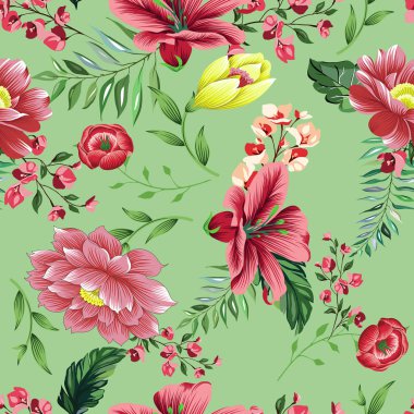 Vintage çiçek deseni yeşil zemin üzerine.