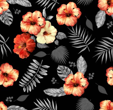 güzel çiçek patternblack ve beyaz tropikal yaprak ve colorred hibiscus çiçek tasarım