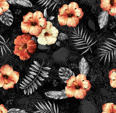 güzel çiçek patternblack ve beyaz tropikal yaprak ve colorred hibiscus çiçek tasarım 