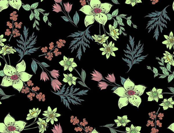 Wildflowers Butterflies Seamless Pattern Floral Background Hand Drawn Plants — Stock Photo, Image