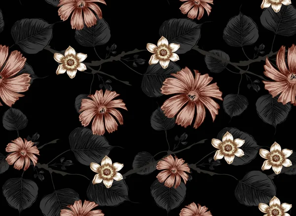 Beautiful Flowers Leaves Branches Black Pattern — Stock Photo, Image