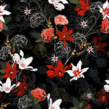 Bir bahçe coloful çiçek çiçeklenme vardır ve anahat ile karıştırın nazik güzel vintage Dikişsiz desen vektör stoke desenli arka plan üzerinde