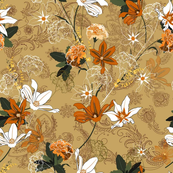 美丽的复古无缝图案向量一个花园的五颜六色的花朵绽放和温柔的混合与轮廓在派斯利背景 — 图库照片