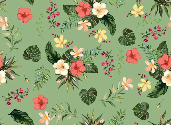 Floral tropical seamless pattern background with exotic flowers, jungle leaves, monstera leaf, orchid, bird of paradise flower background