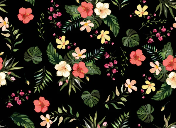 Floral tropical seamless pattern background with exotic flowers, jungle leaves, monstera leaf, orchid, bird of paradise flower black background