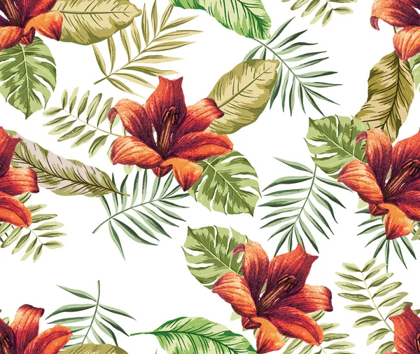 Floral tropical seamless pattern background with exotic flowers white background