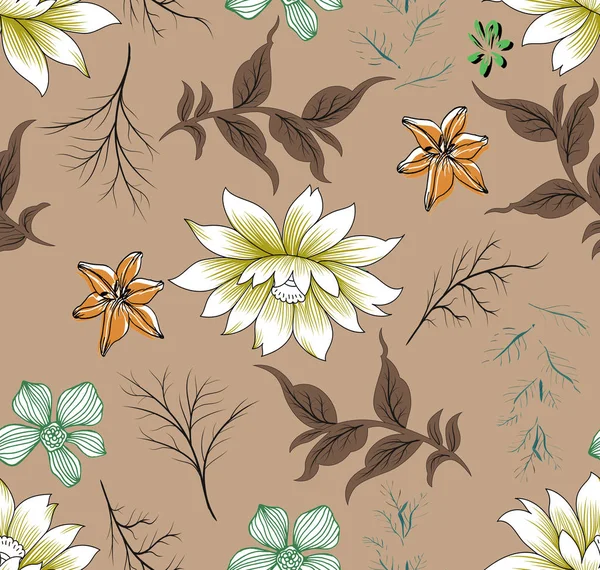 Flower Tropic Branches Leaves Pattern Brown — Stock Photo, Image