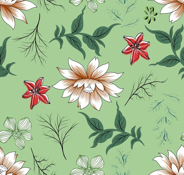 flower tropic branches and leaves pattern green