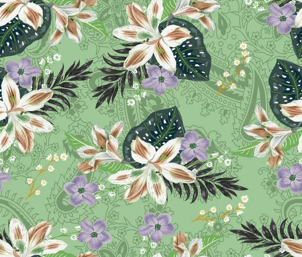 Hand drawn colorful blooming flowers botanical floral and leaves background paisley seamless pattern