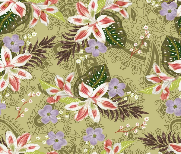 Hand drawn colorful blooming flowers botanical floral and leaves background paisley seamless pattern
