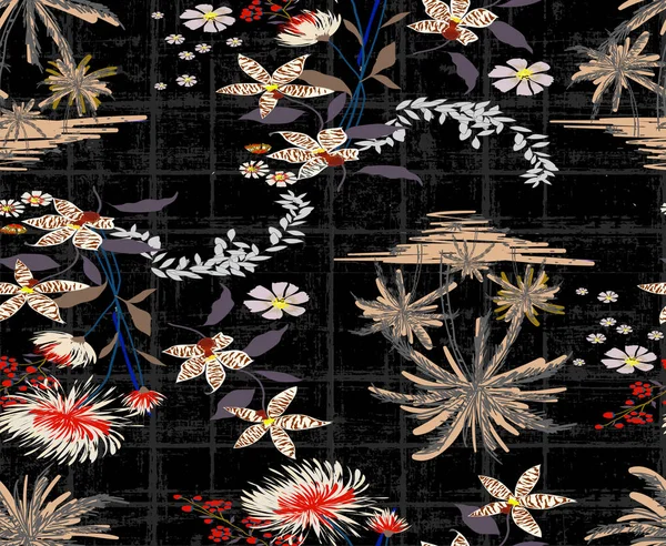 Palme Mit Schönen Blumen Muster Design Hintergrund Schwarz — Stockfoto