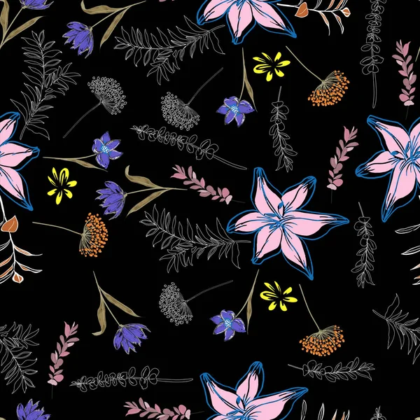 Seamless Pattern flowers and leaves line hand drawn style Isolated on black color