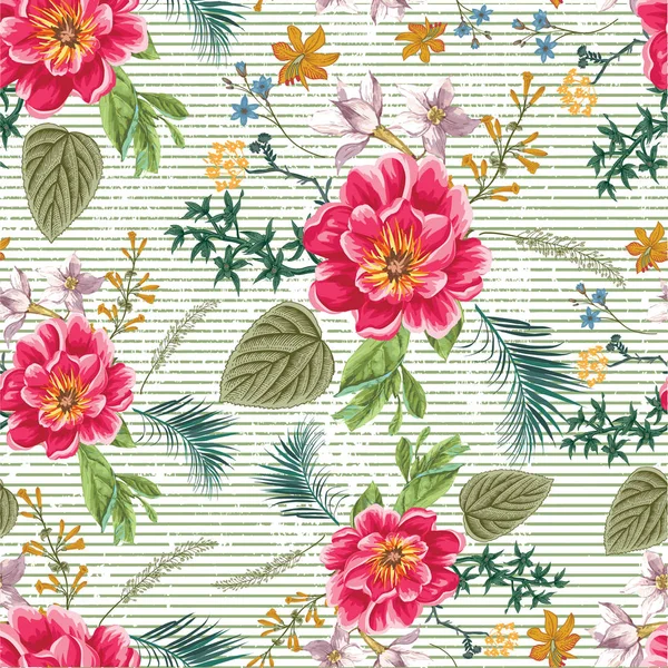 Seamless pink flower with leaves and branches pattern green grunge