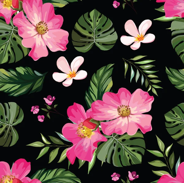 Tropical flowers with leaves seamless pattern 