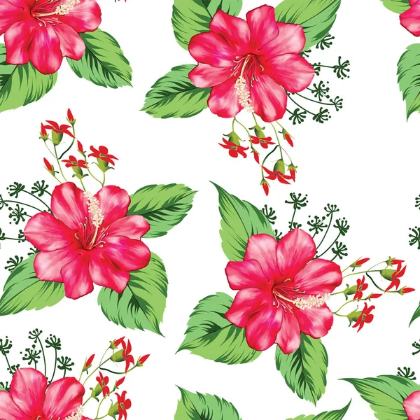 Tropical beautiful red  flower with leave seamless pattern