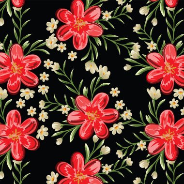 dikişsiz desen kırmızı çiçek dalları ve yaprak tasarımı