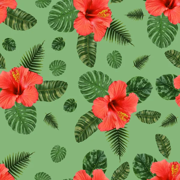 Naadloze hibiscus bloem blad patroon ontwerp — Stockfoto