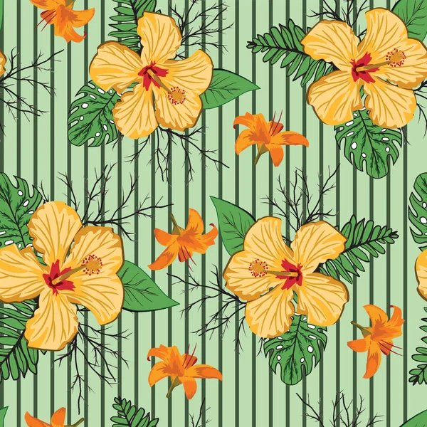 beautiful tropical flower with branches and leave seamless pattern