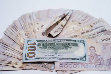 Tay baht bir yığın ve bir uçak ile beyaz bir masada yüz dolar.