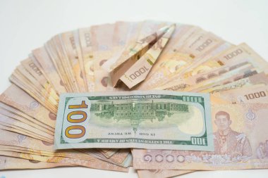 Tay baht bir yığın ve bir uçak ile beyaz bir masada yüz dolar.