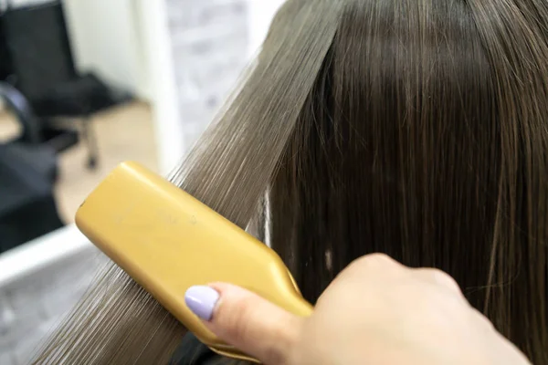 Peluquería hace laminación de cabello en un salón de belleza para una chica con pelo morena —  Fotos de Stock