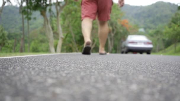 Hermoso bosque tropical con un viajero joven con una mochila en el camino hacia el bosque de Tailandia. Un hombre camina por una carretera tropical y disfruta de las vistas de la naturaleza — Vídeos de Stock