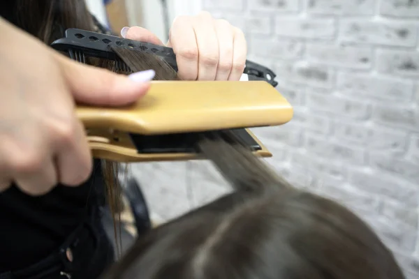 Parrucchiere fa laminazione dei capelli in un salone di bellezza per una ragazza con i capelli castani — Foto Stock