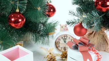 Beyaz sıçan yeni yıl süslemeleri, Noel ağaçları oyuncaklar, topları sürünür. Yeni 2020 ve 2032 sembolü.