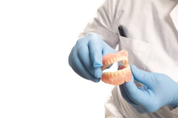 A dentist doctor in a white coat holds a false jaw in his hands. The concept of healthy teeth. — Stock Photo, Image