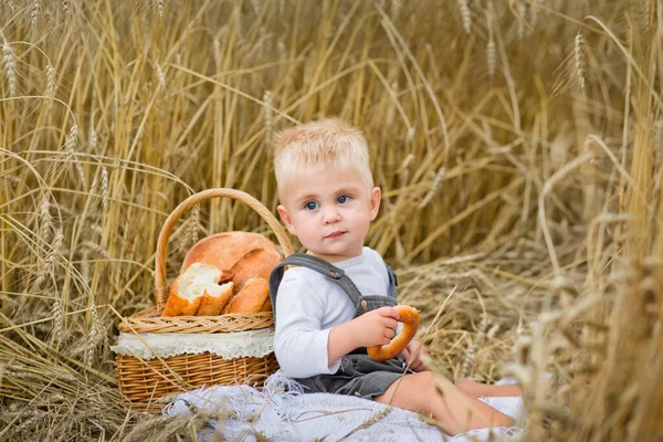 Хлопчик Пшеничному Полі Дитина Їсть Хліб Булочку Багель Пікнік Природі — стокове фото