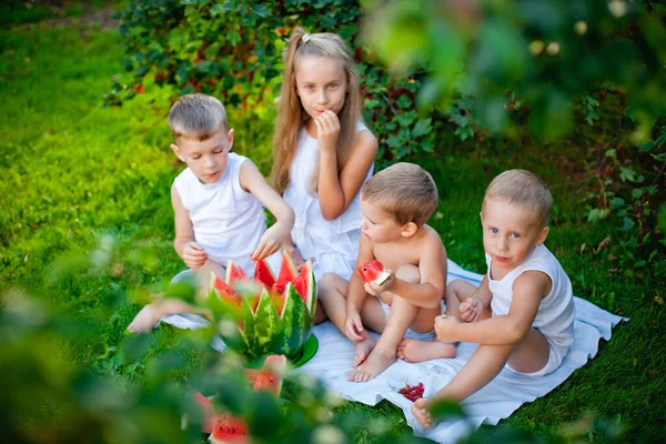 Веселі Діти Їдять Кавун Відкритому Повітрі Літньому Парку Дитина Дитина — стокове фото