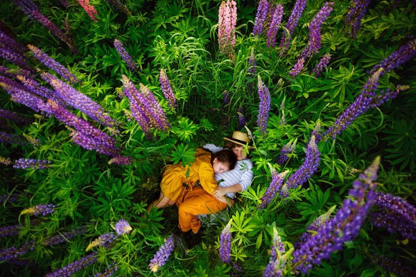 little girl resting on soft pillow in fresh spring grassTwo children, a boy and a girl, are resting in a field of blooming lilac lupines. The view from the top. Concept of nature.