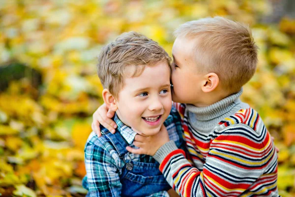 Chłopiec Zdradza Sekret Swojemu Przyjacielowi Uchu Jesiennym Parku Tle Żółtych — Zdjęcie stockowe