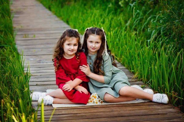 Дві Маленькі Дівчата Довгим Волоссям Червоно Зеленій Сукні Сидять Грають — стокове фото