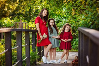 Büyük, dost canlısı bir ailenin aile portresi. Kafkasyalı hamile bir anne ve iki çocuğu tahta bir köprüdeki parkta yan yana duruyorlar. Kırsalda bir ailesi olan hamile bir anne..