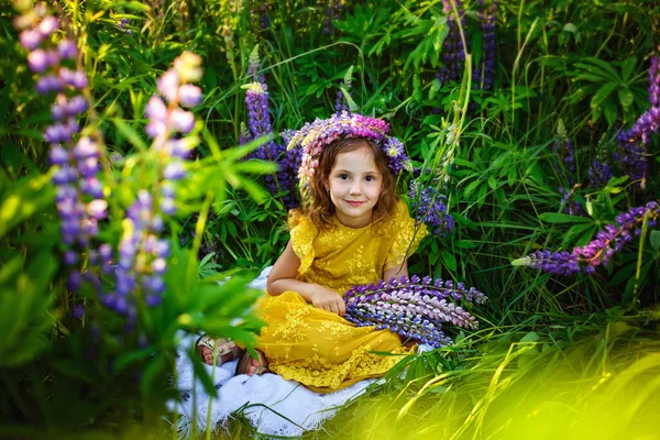 Зображення Вибірковим Фокусом Сонячний Літній День Маленька Дівчинка Вінком Голові — стокове фото