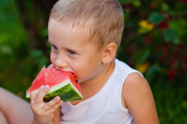 Bebek olgun bir parça kırmızı karpuz yiyor. Yazın bahçede mutlu bir çocukluk geçir. Beyaz çocuk çimenli bir çimenlikte açık hava pikniğini seviyor.