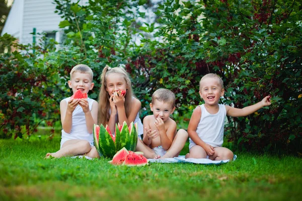 Czworo Dzieci Bieli Naturze Siedzi Trawie Zabawne Dzieci Jedzą Arbuza — Zdjęcie stockowe