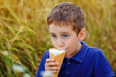 Bir çocuk buğday tarlasında piknikte dondurma yiyor..