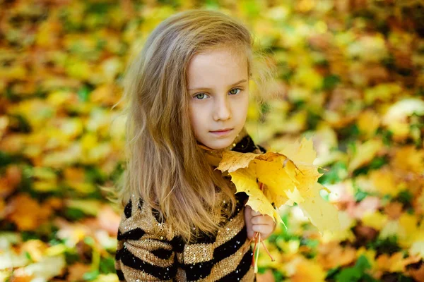 Retrato Uma Menina Com Uma Camisola Listrada Parque Outono Com — Fotografia de Stock