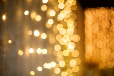 Yılbaşı ağaçları ve çelenklerin arka planında parlak altın bir çukur Yeni yıl ve Noel.