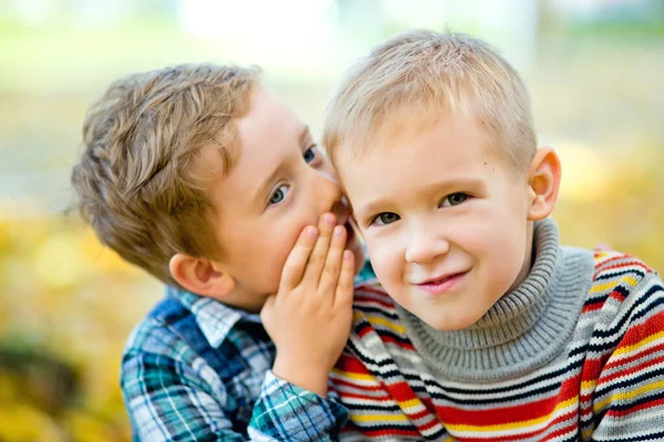 Boy Tells Secret His Friend Ear Autumn Park Background Yellow — Stock Photo, Image