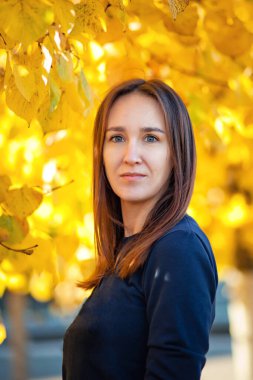 Sonbahar parkında sarı yapraklı mavi kazaklı, koyu renk saçlı bir kadının portresi. Sonbahar atmosferi.