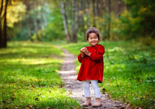 一个穿着漂亮红色连衣裙的可爱的非洲小女孩在镜头前的公开画像 公园里有趣的黑人小女孩肖像 — 图库照片