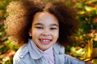 Şirin Afro kız açık havada gülümsüyor, piknik yapıyor ve parkta sonbahar gününün tadını çıkarıyor. Yapraklarla oynamak.