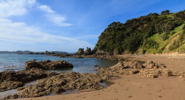 Bay Islands, Yeni Zelanda bir plaj Manzara Panoraması. Russell kasabanın kuzeyindeki Tapeka noktası beach